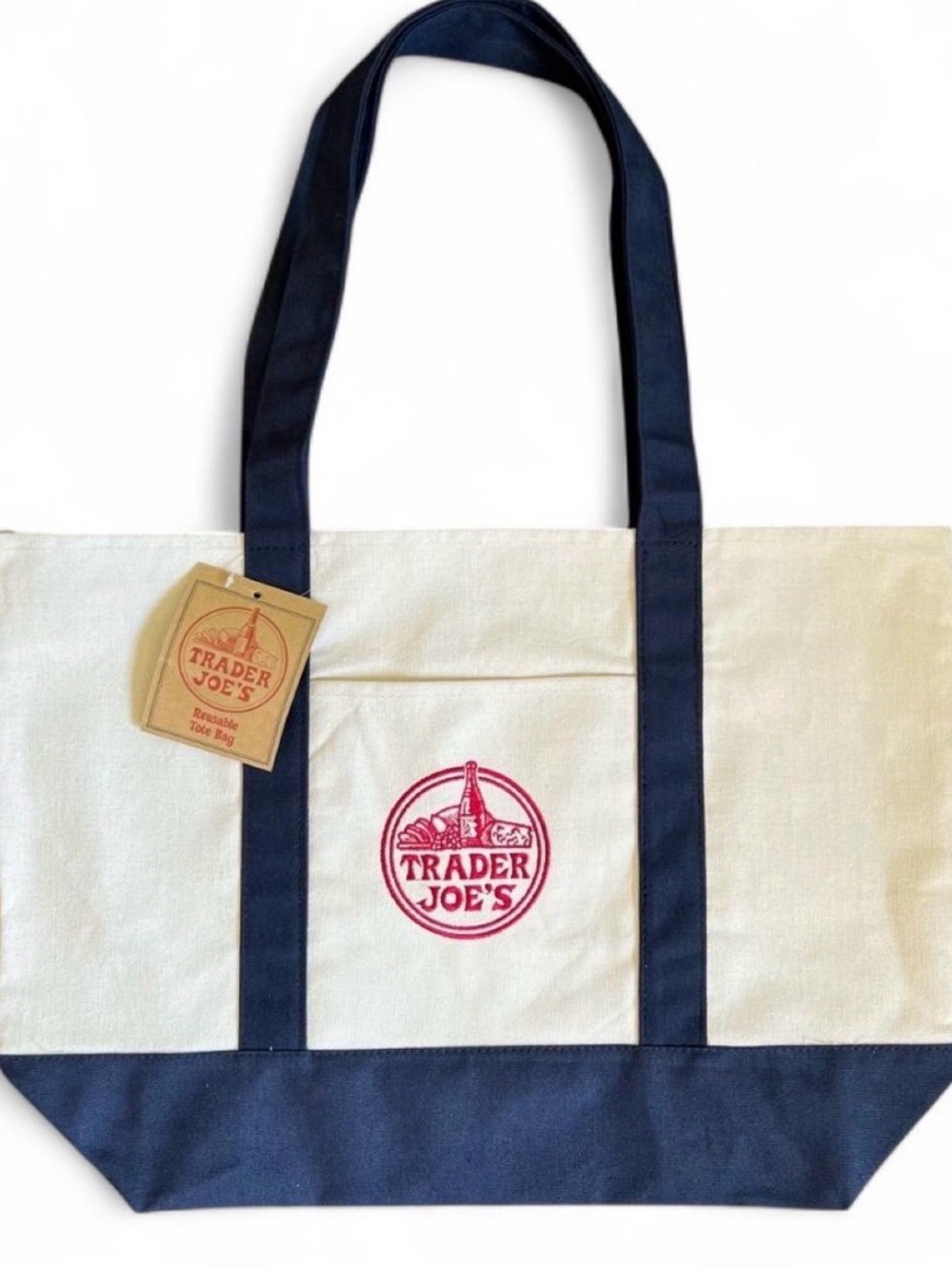 Trader Joe’s Large Canvas Tote Bags With Navy Blue Exterior